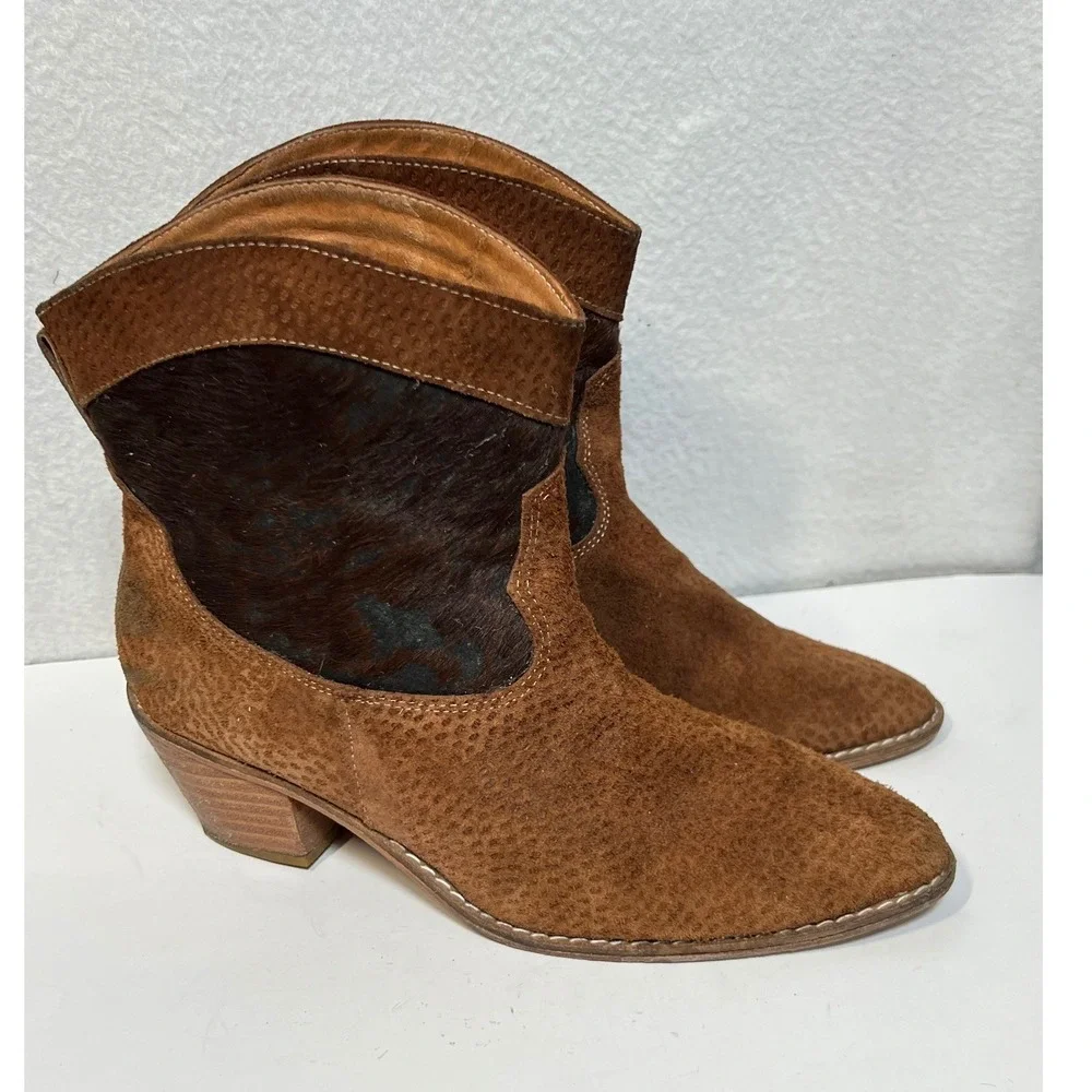 ART Company Brown Suede Haircalf‎ Ankle Boots Western Style Block Heel